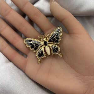Vintage Gold & Black Enamel Butterfly Brooch with Rhinestone Accents